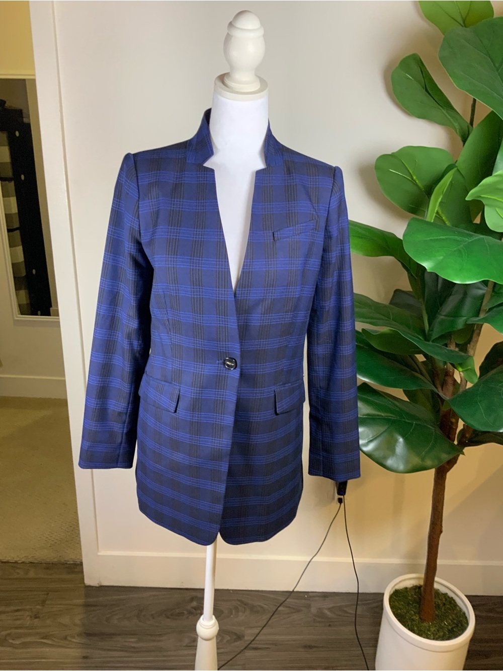 DKNY Navy and Black Plaid Single-Button Blazer